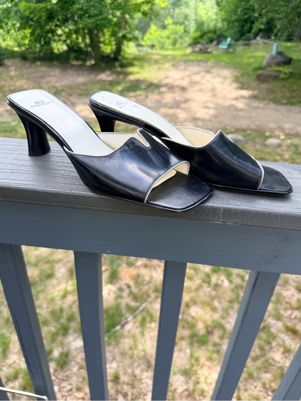 Anne Klein Black Open-Toe Mid-Heel Mules